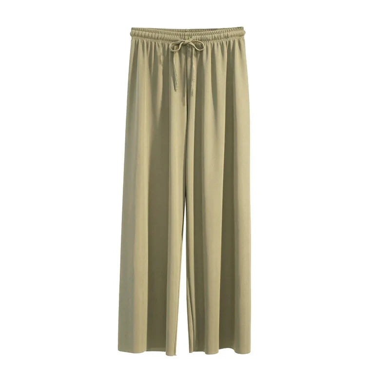 Women Wide Leg Long Pants Casual Solid Elastic Waist Loose Ankle-Length Ice Silk Pants Spring Summer Straight Female Trousers