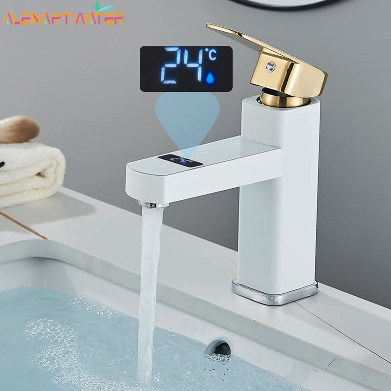 Digital Basin Faucet Touch Button Hot Cold Water Temperature LED Black Gold Washbasin Bathroom Smart Mixer Valve Tap Accessorie