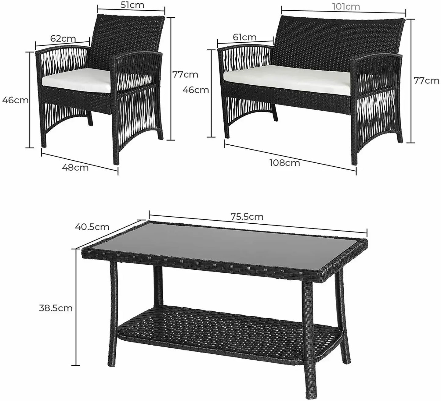 Rattan Garden Furniture Set Outdoor 4Pcs PE Rattan Patio Furniture Weaving Wicker Sofa Set Cushion Glass Table W/ Chairs Balcony