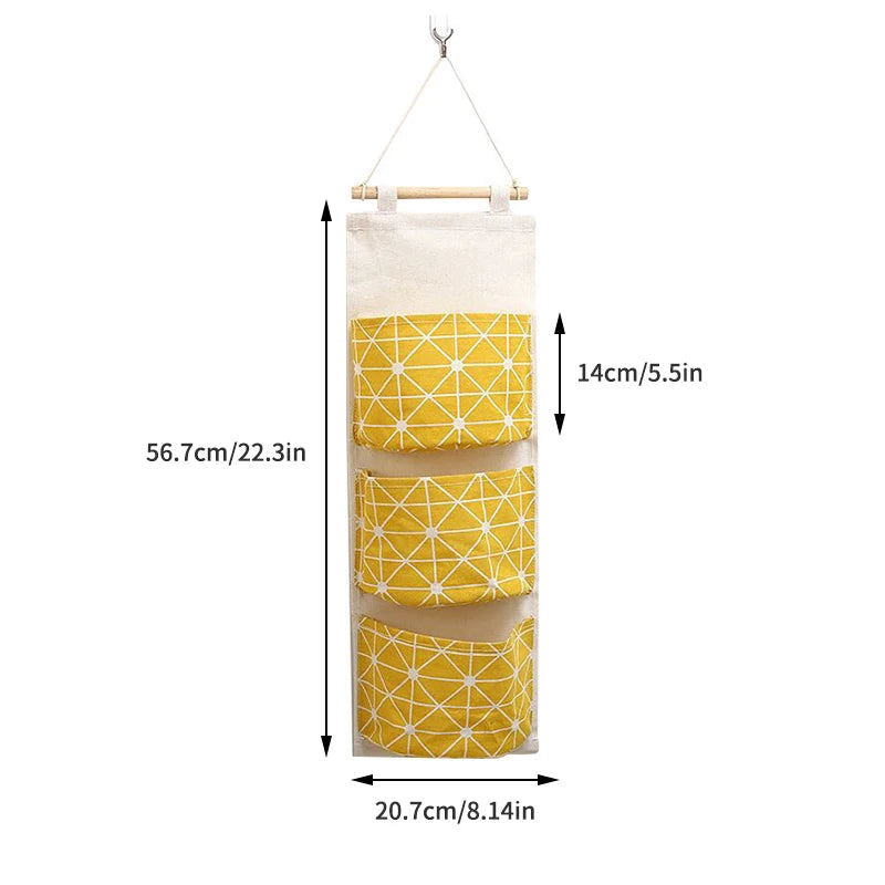 1PC Three Pockets Hanging Wall Storage Bag Household Bedroom Living Room Kitchen Cotton Linen Storage Bag