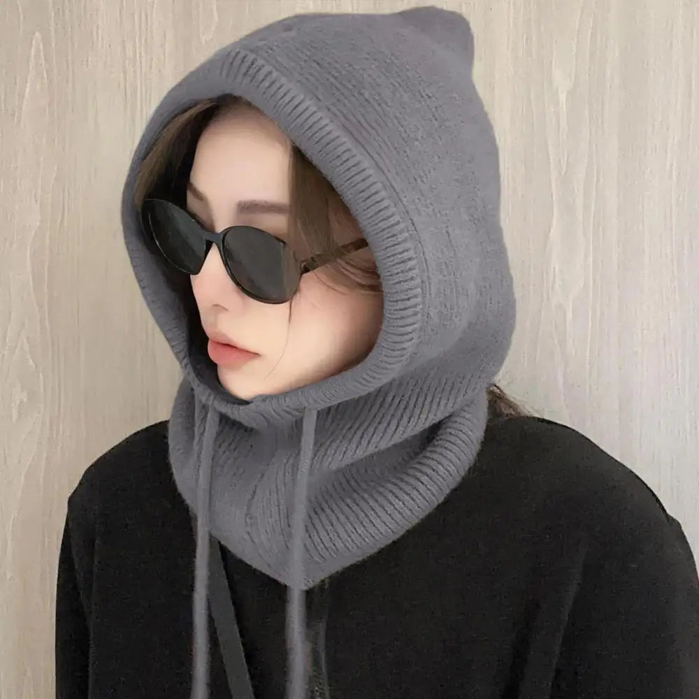 Balaclava Hats Women Knitted Hooded Caps Winter Korean Style Outdoor Warmer Drawstring Hats One-piece Neck Collar Beanies Cap