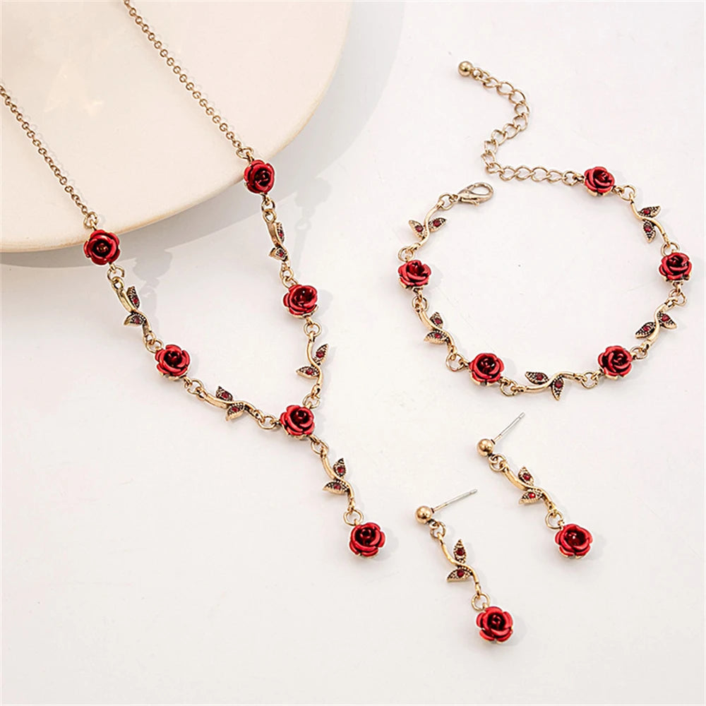 1-3pcs/set Vintage Red Rose Bracelet Necklace Earring Pretty Fashion Elegant Jewelry for Women Wedding Romantic Gifts Wholesale