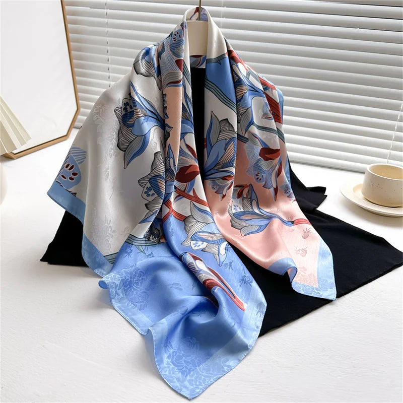 90*90Cm Square Scarf Twill Silk Feeling Women Head Shawls and Wraps Luxury Hair Tree Print Neck Scarves Hijab Bandana Pashmina