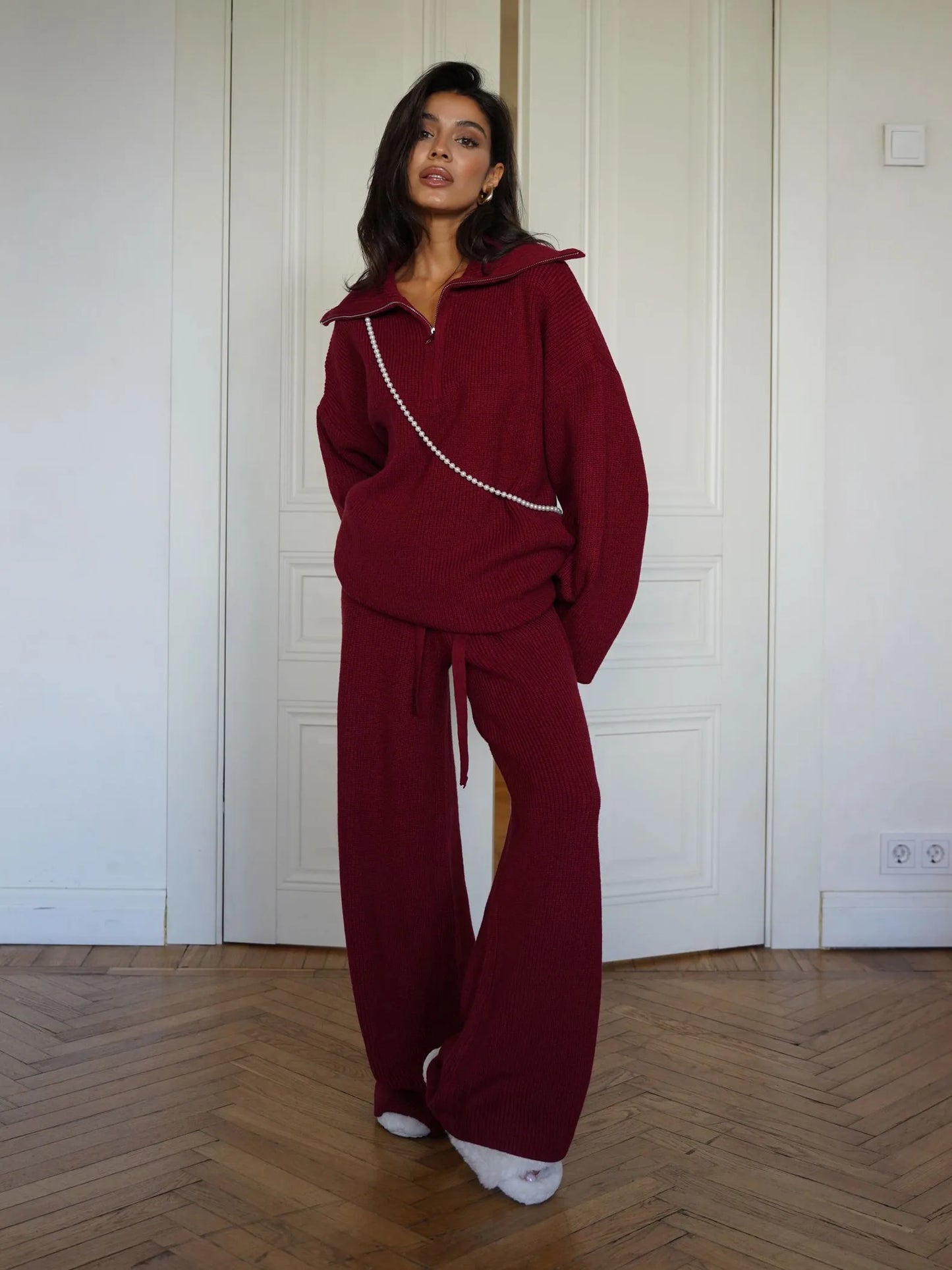 Woolen Suit Solid Color Half Zip Top Two Piece Set Of Elastic Waisted Pants Fashionable Autumn And Winter New Women's Clothing