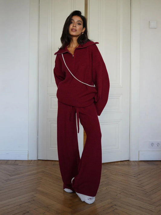 Woolen Suit Solid Color Half Zip Top Two Piece Set Of Elastic Waisted Pants Fashionable Autumn And Winter New Women's Clothing