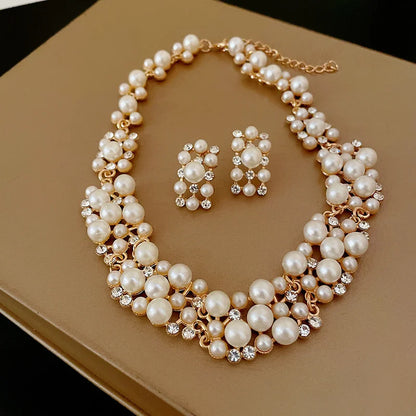 3 Pcs Rhinestone Pearl Rectangular Earrings Necklace Set Two-piece Vintage Choker Accessory Light Luxury Jewelry Sets Wedding