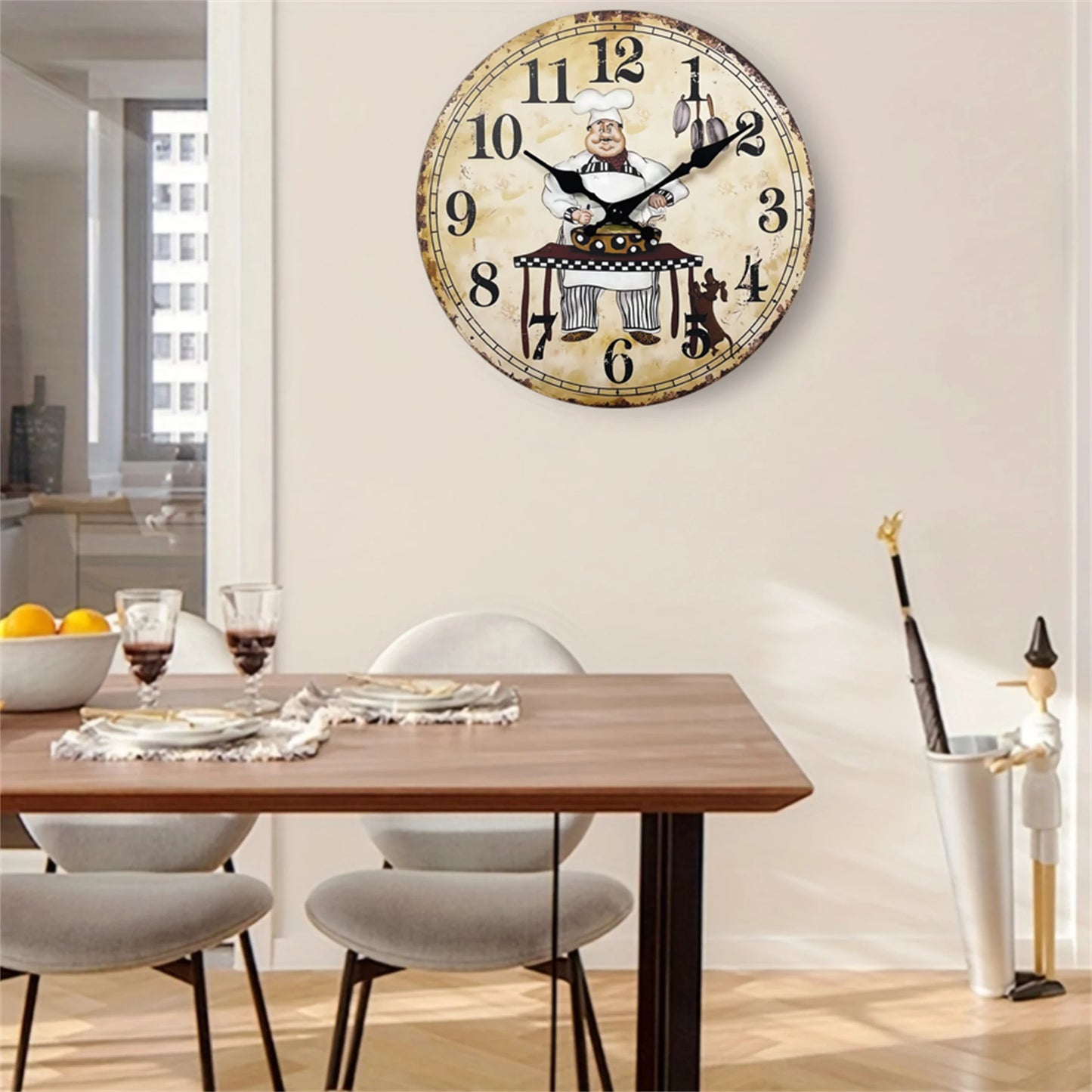 Retro Chef and Dog Wooden Wall Clock Living Room Bedroom Kitchen Home Decoration Wall Clock Silent Quartz Clock Holiday Gift 11.2inch Inch 15.6inch Inch (No Battery)