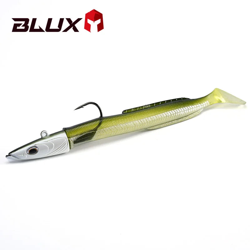 BLUX Happy Sandeel 13cm 27g Soft Live Eel Fishing Lure Paddle Tail Jig Head Hook Vinyls Vibration Artificial Bait Saltwater Gear