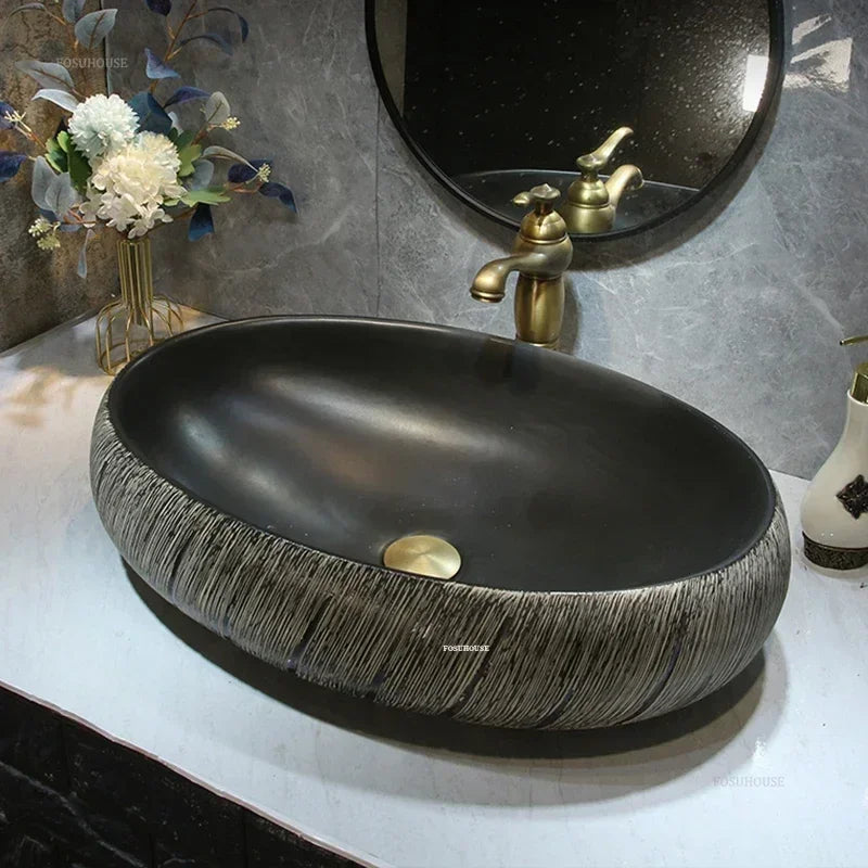 Creative Bathroom Sink Art Ceramic Wash Basin Simple Above Counter Basin Black Retro Home Small Single Basin Bathroom Fixtures P