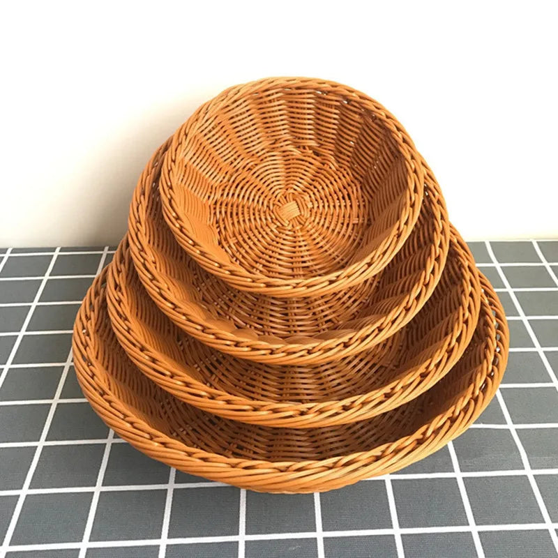 Oval Curved Rattan Wicker Woven Serving Baskets for Bread Fruit Vegetables Restaurant Serving Tabletop Display Rattan Basket