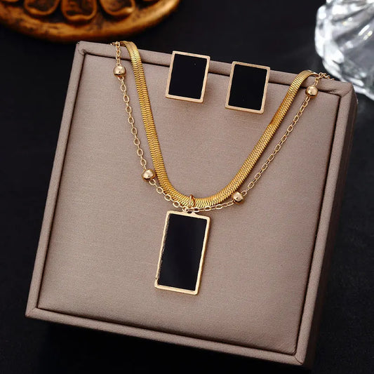 Luxury Stainless Steel Multi-layer Geometric Square Pendant Necklace Earrings for Women Girl Snake Bone Fat Chain Jewelry Set