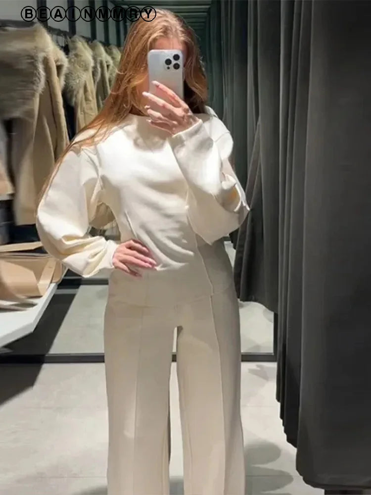 2024 Elegant Solid Patchwork Top Pants Set Women Long Sleeve O-neck Pleated Tops Wide Leg Trousers Suit New Office Lady Outfits