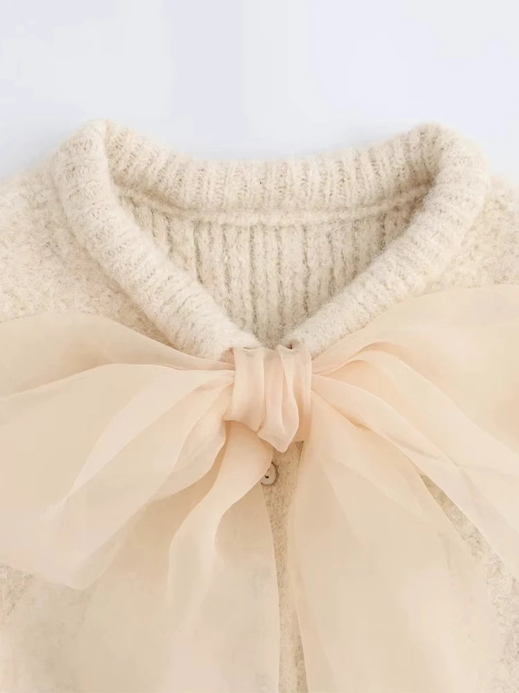 Fluffy Knitted Cardigan Women Big Lace Bow Single Breasted O-neck Female Sweater 2024 Autumn Winter Fashion Loose Lady Knitwear