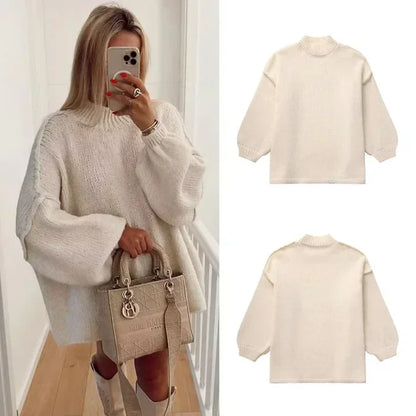 Fashion Round Neck Knitted Jumper For Women 2024 Autumn Long Lantern Sleeve Sweater Female Hight Street Warm Lady Chic Pullover