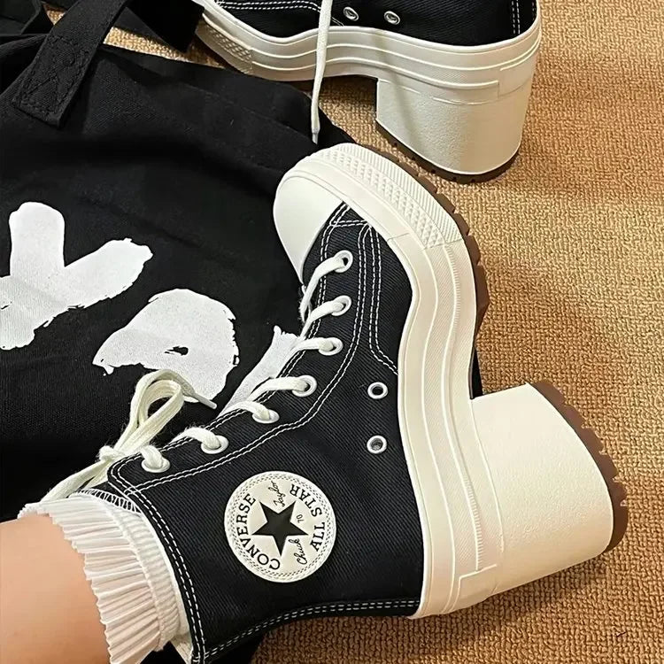 Women Platform Sneakers Canvas Shoes Personalized Luxry Heels Skateboard Lace Up Casual Fashion Outdoor Sneakers Plus Size 36-42