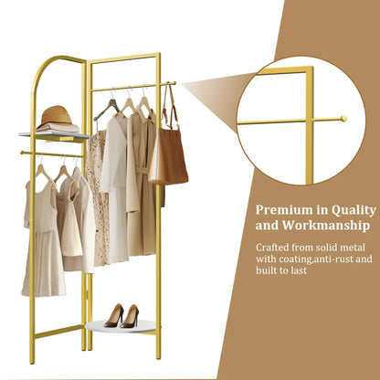 Adjustable Angle Gold Metal Coat Rack with Shelves and Hanging Rod Corner Clothes Stand for Home Clothes Organization