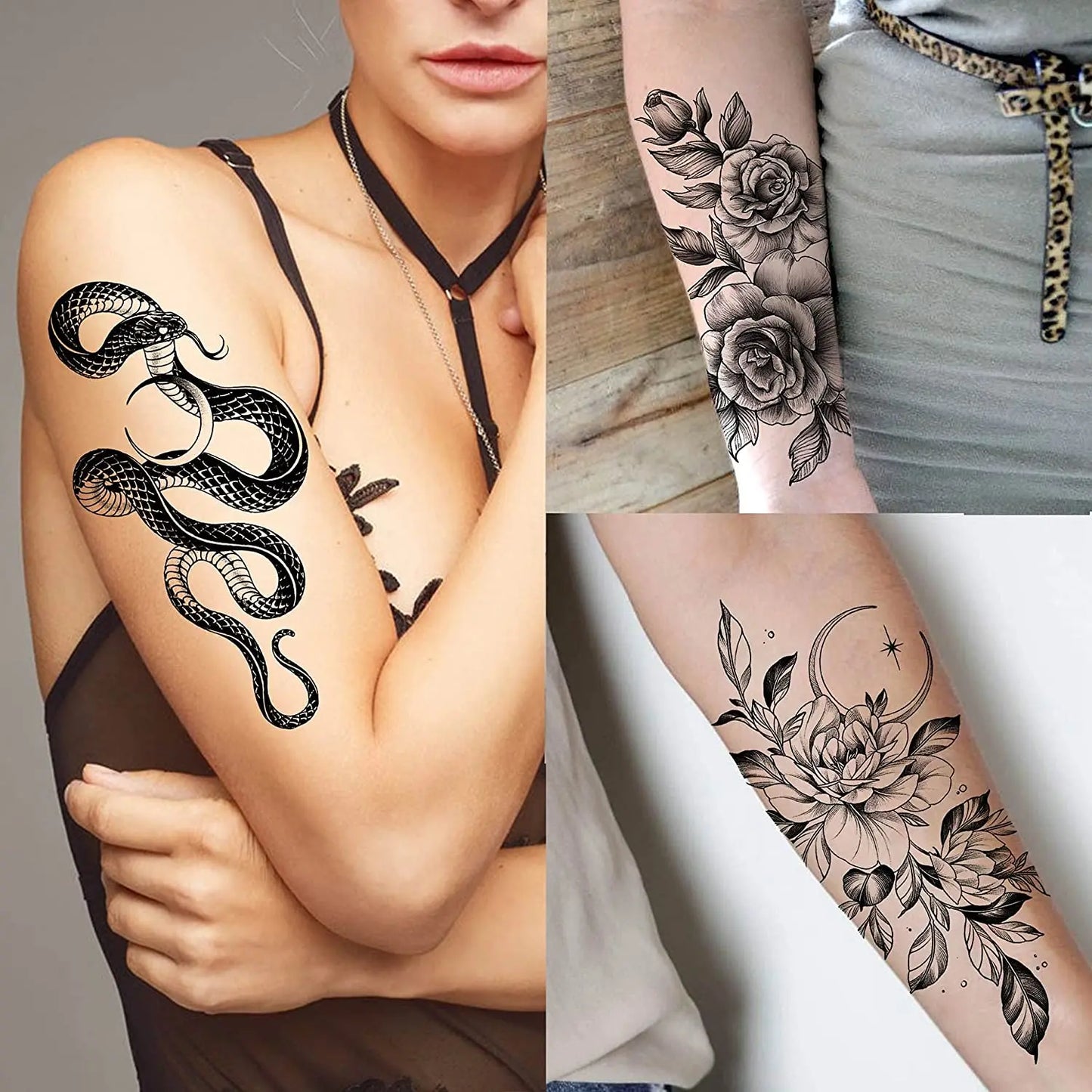 10 hojas de tatuajes temporales de flores realistas para mujeres, tatuajes falsos de medusas en el brazo, tatuajes de serpientes, rosas y peonías en 3D de larga duración