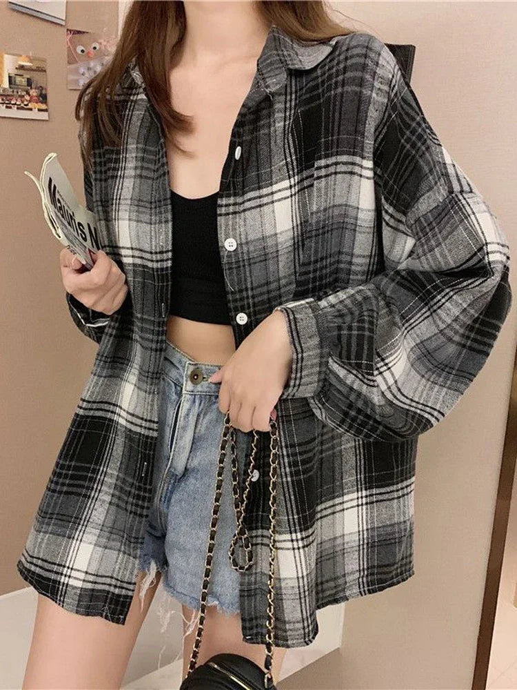 Plaid Shirt Women Autumn Long Sleeve Top Female Vintage Fashion Single Breasted Blouse Ladies Preppy Style Loose Check Shirts