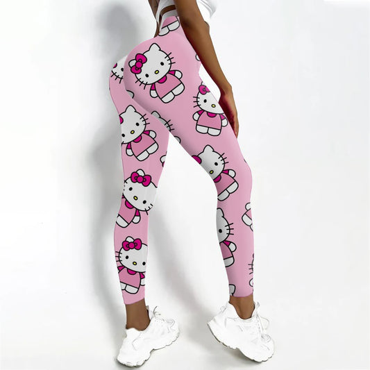 Women's sports and fitness leggings with Hello Kitty print stretch and sexy yoga pants for training, running, gym, fast drying,