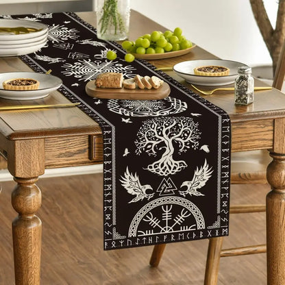 Black Viking Raven Helmet of Awe Linen Table Runner Seasonal Farmhouse Dresser Scarf Table Decor Home Kitchen Dining Table Decor