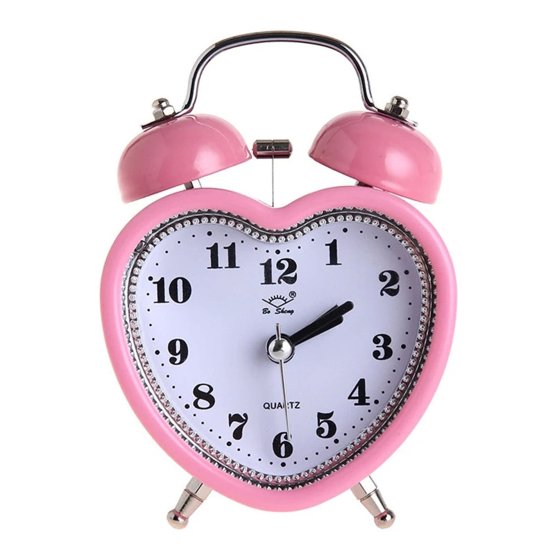 Heart Shape Bell Alarm Clock No Ticking Bell Alarm Clock with Nightlight for Kids Girls Bedroom Home Decor