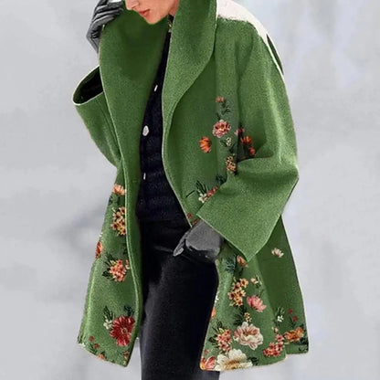 2023 Winter Women Elegant Blend Wool Coat Autumn Street Lady Long Cardigan Coats Fashion Floral Print Pocket Long Sleeve Jacket