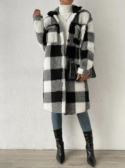 Cardigan 2023 Autumn Long Sleeved Turn-down Collar Plush Plaid Coat Loose Temperament Commuter Longline Jacket Women Outerwear