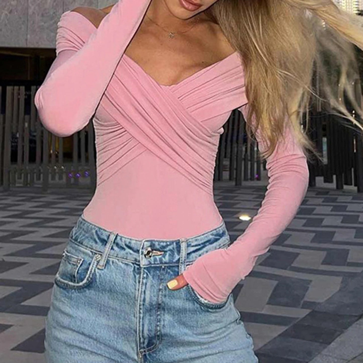 Women Off Shoulder Shirts Short Shirts Fashion Front Cross Long Sleeve Slim Fit Tops Ladies Clothing Clubwear Female Streetwear