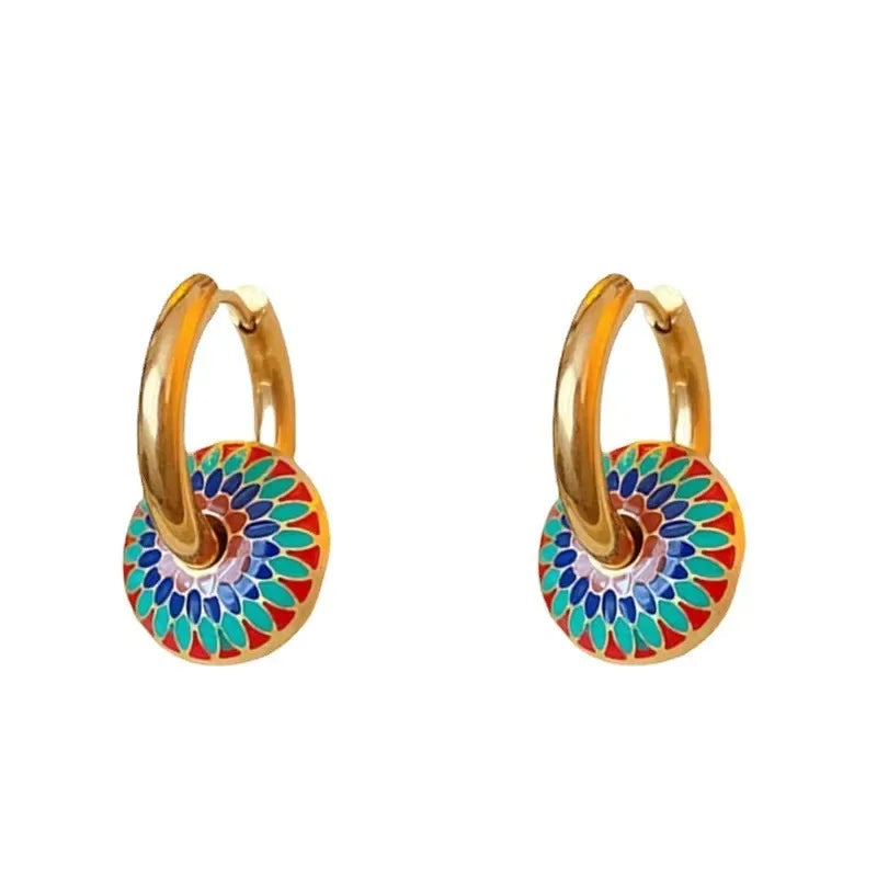 Vintage Painted Daisy Pattern Design Stainless Steel Necklace Earrings Set Female Creative Ethnic Style Jewelry Accessories