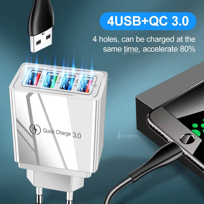 4 Ports USB Charger Quick Charge 3.0 Wall Charger Fast Charging For iPhone 15 14 Samsung Xiaomi EU/US Plug Phone Charger Adapter