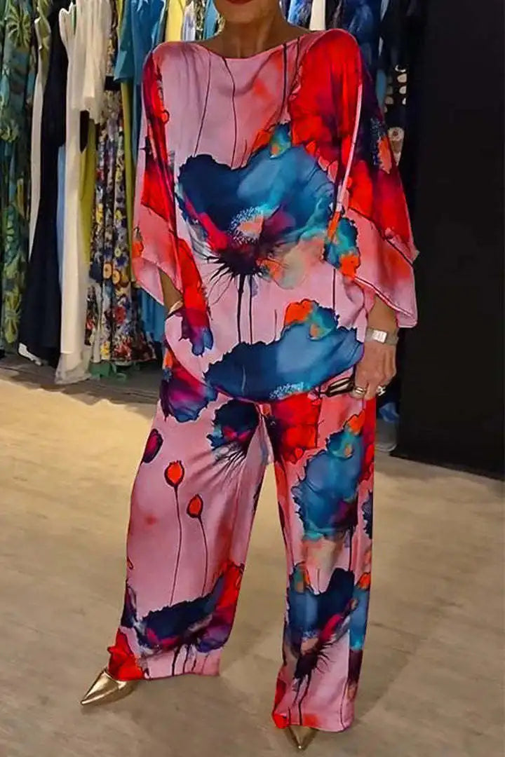 Summer Fashion Printed Satin Two Piece Set Women Sexy Round Neck Long Sleeved Top Wide Leg Long Pants Casual Two Piece Set