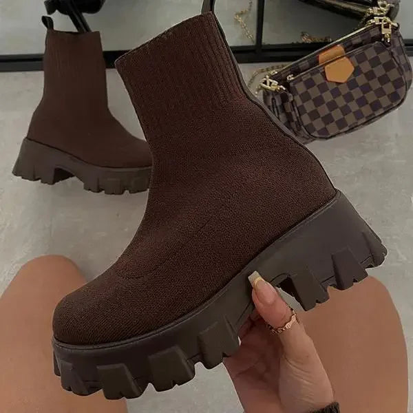 Women Boots Elastic Platform Boots Breathable Spring Autumn Heels Slip On Ankle Boots Elegant Heel Short Knitting Woman Shoes