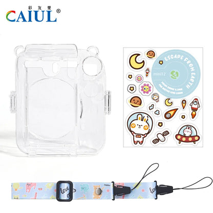 For Fujifilm Instax Mini 12 PC Transparent Camera Case Protection Cover Shoulder Strap Storage Bag Strap Sticker Three-Piece Set