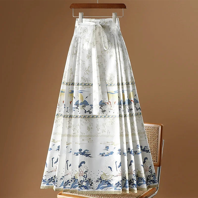 Maxi Chinese Style Horse Face Skirts Women Hanfu Vintage Harajuku Saia Casual Long Print Pleated Skirt Woman Clothing Faldas