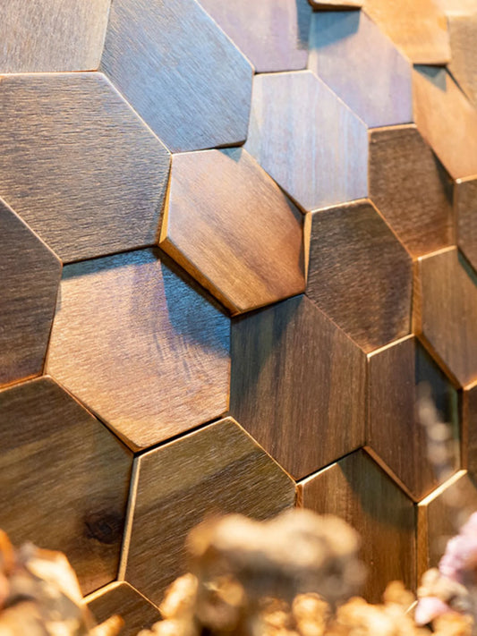 Mosaic hexagonal wall panel Nanyang black walnut wood original wood solid wood hexagonal puzzle TV background wall decoration