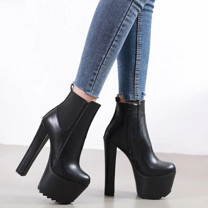 16CM Thick High Heel Shoes Womens Platform Elastic Band Side Zipper Chelsea Boots Black  Ankle Boot Zapatos Para Mujeres