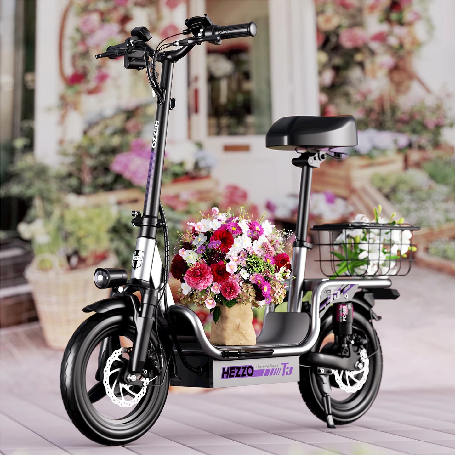 HEZZO Foldable Electric Scooter Seat & Basket 48V 15Ah 500W Full Suspension Powerful T3 Commute Escooter 20Mph 37Miles LongRange