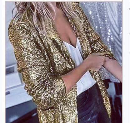 New Fashion Sequins Blazers Women's Suit Jacket Casual Long Sleeve Glitter Suits Party Wear Shiny Lapel Coat Rave Outerwear