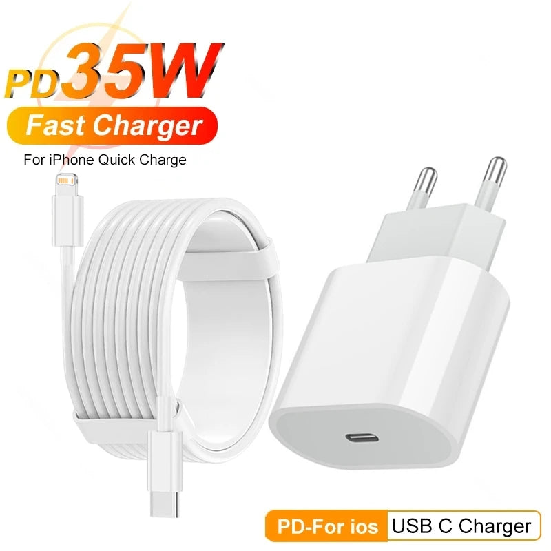 35W PD EU Fast Wall Charger Cable for iPhone 11 12 13 mini 14 Pro Max X XR XS 8 Plus 2m Rapid Charging Cable USB-C Power Adapter