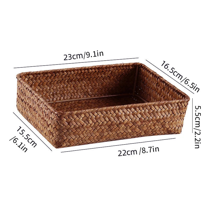 Woven Seagrass Storage Baskets Straw Rattan Basket Desk Organizer Picnic Basket Fruit Storage Box Cosmetic Storage Container