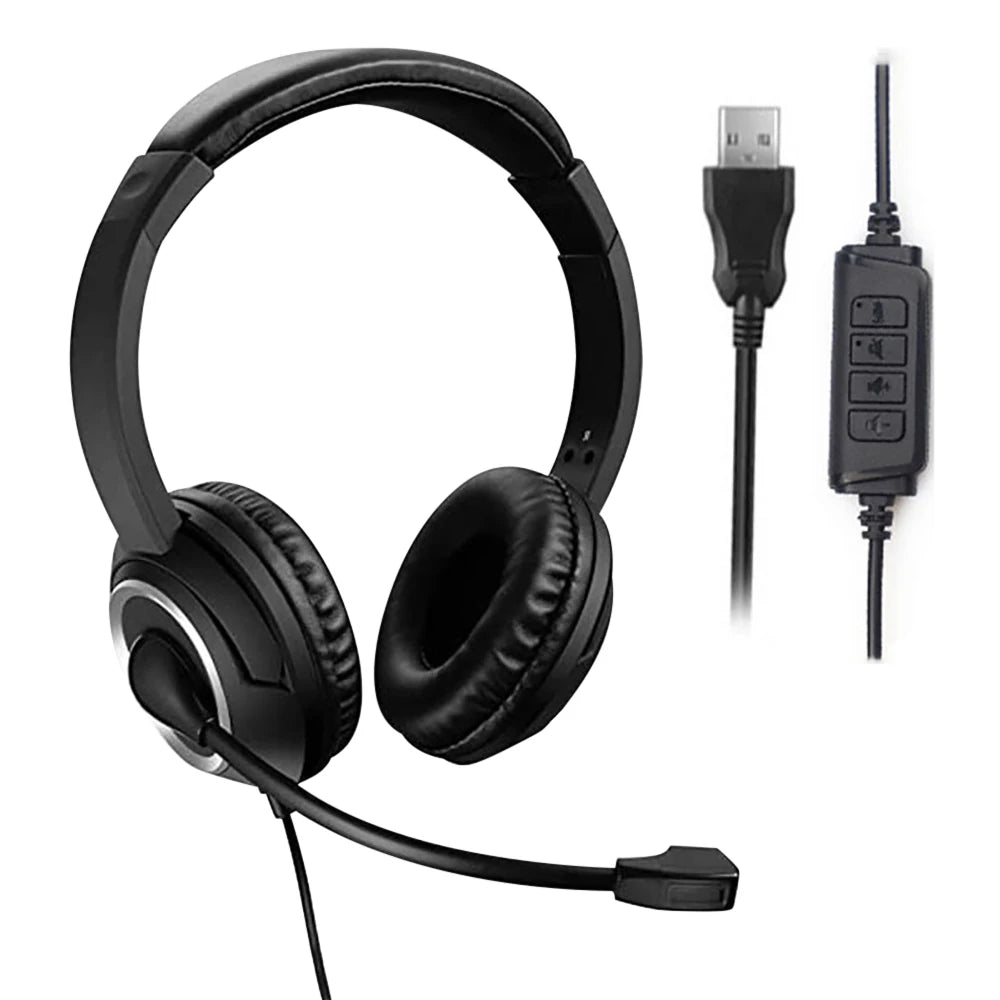 Wired USB Headset Call Center Headphones with Microphone Noise Cancelling Over Gaming Over-Ear Headsets for Computer PC Laptop