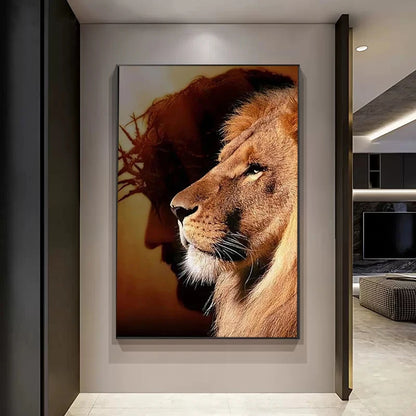 Lion and Jesus Canvas Painting Poster Prints Religion Christianity Wall Art Pictures for Living Room Bedroom Home Decoration