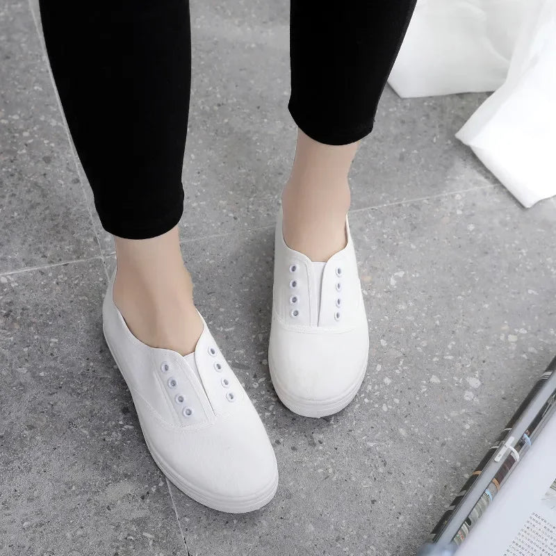 Lady Classic Round Toe White Canvas Shoes for Student School Women Cool Black Comfort Street Lace Up Shoes Zapatos De Mujer F921