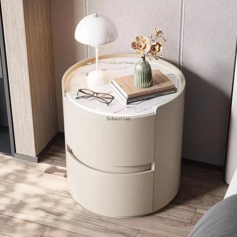 Round Bedside Table, Rock Board, All Solid Wood Small Coffee Table, Bedroom Cabinet, Light Luxury High-end Leather Cabinet