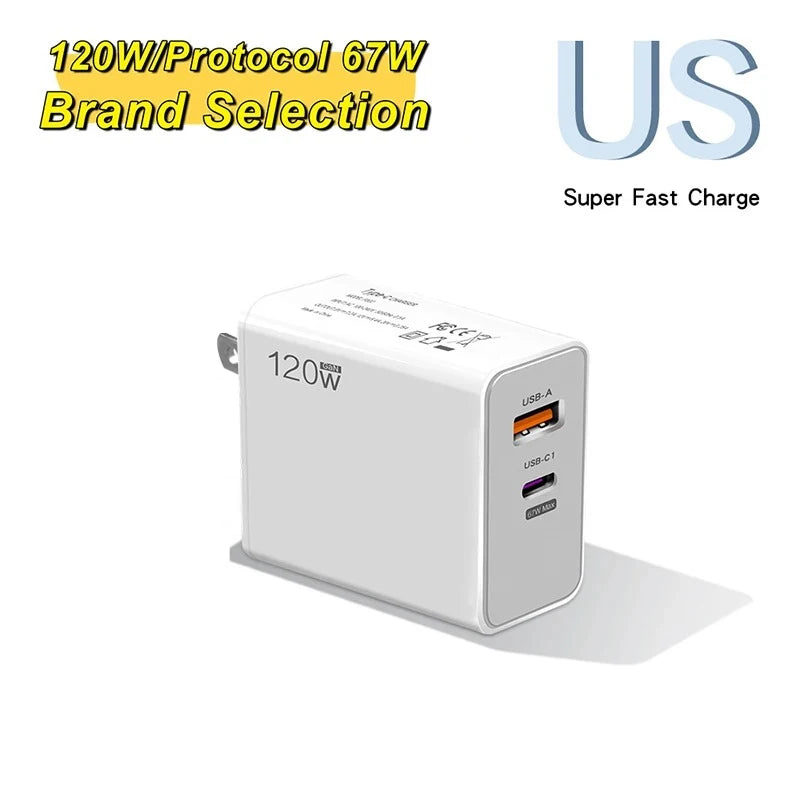 USB 120W Fast Charger Quick Charge 3.0 USB Fast Charging Phone Adapter PD Cable For Huawei Xiaomi Samsung Iphone US/EU charger