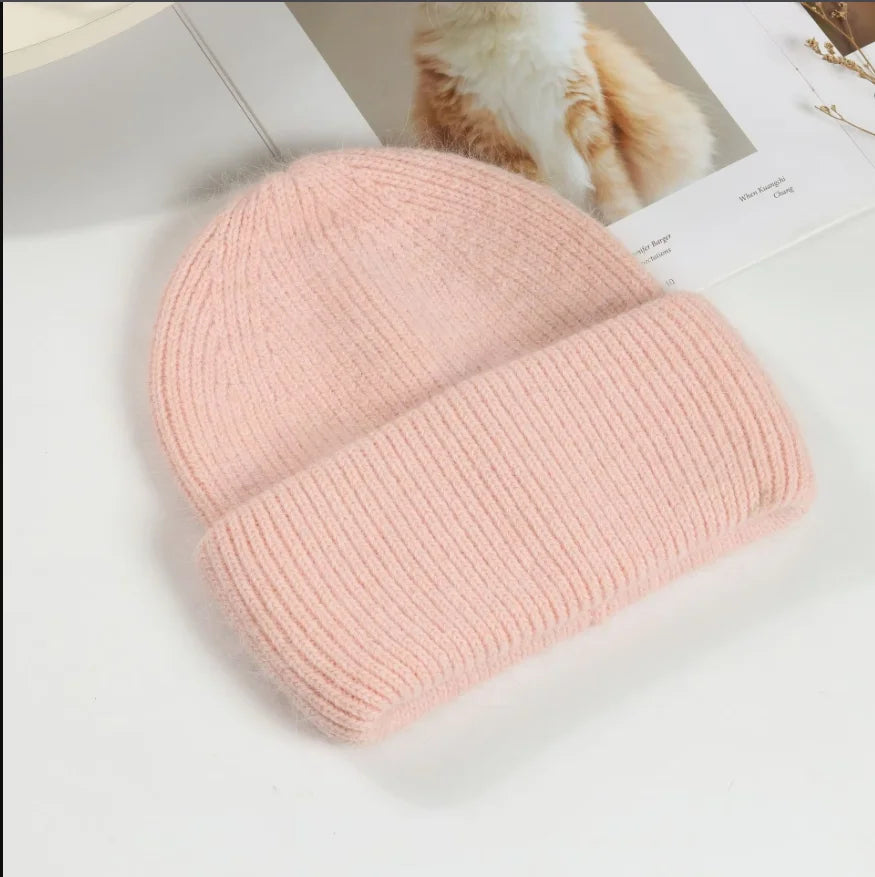 24Fashion Warm Cashmere Wool Skullies Angola Rabbit Fur Winter Knitted Beanies Women Cap Female Three Fold Ski Outdoor Hats