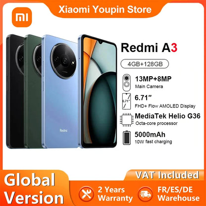 Global Version Xiaomi Redmi A3 Smartphone Mediatek Helio G36 Hd Screen 6.71 Inch Dual Camera 5000mah Battery 10w Fast Charge