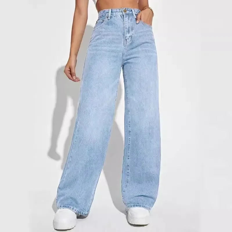 Women Jeans Denim Y2k Pants Wide Leg Long Pant High Waist Loose Casual Mom Straight Trousers Elegant Splice Autumn Winter