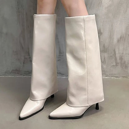 Chunk Leather High Boots Women Knee High Pointer Toe Heels Shoes Woman Trend Chelsea Boots New Pumps Mujer Snow Gladiator Botas