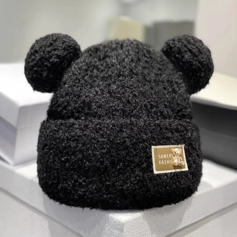 Cute Winter Plush Beanie Cap for Women Cartoon Bear Ear Knitted Wool Hat Female Girls Solid Color Thicken Lamb Fleece Hats